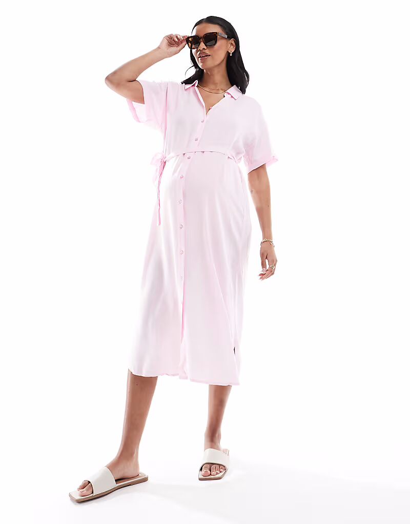 

Платье-рубашка миди Vero Moda Maternity с поясом-завязкой розового цвета