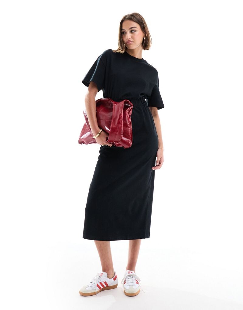 

ASOS DESIGN – черное платье-футболка миди с эластичной резинкой на талии