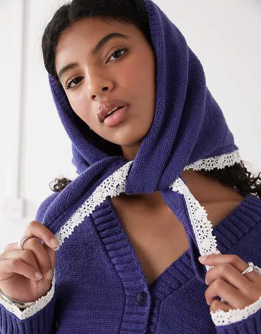 

Темно-синий укороченный кардиган свободного кроя Reclaimed Vintage с платком и отделкой крючком