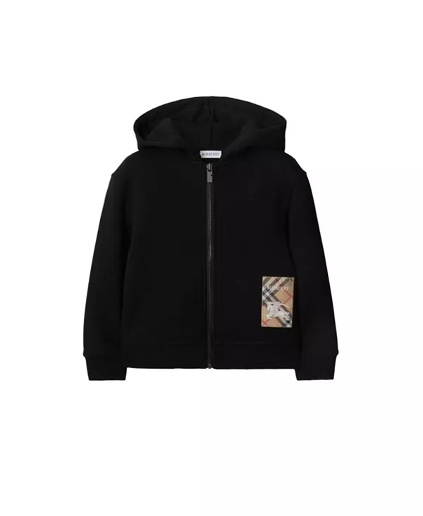 

Хлопковая толстовка унисекс на молнии с клетчатой этикеткой - для маленьких и больших детей. Burberry, черный