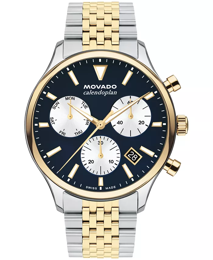 

Мужские часы Calendoplan Swiss Quartz Chrono с хронографом, корпус из нержавеющей стали двух цветов, 43 мм Movado