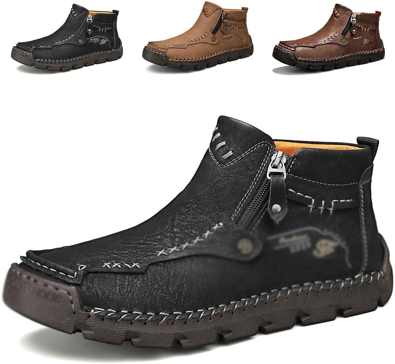 

Мужские повседневные ботинки до щиколотки для улицы, легкие с боковыми молниями, осенне-зимние ежедневные ботинки, теплые, удобные и с противоскользящей подошвой Generic, черный