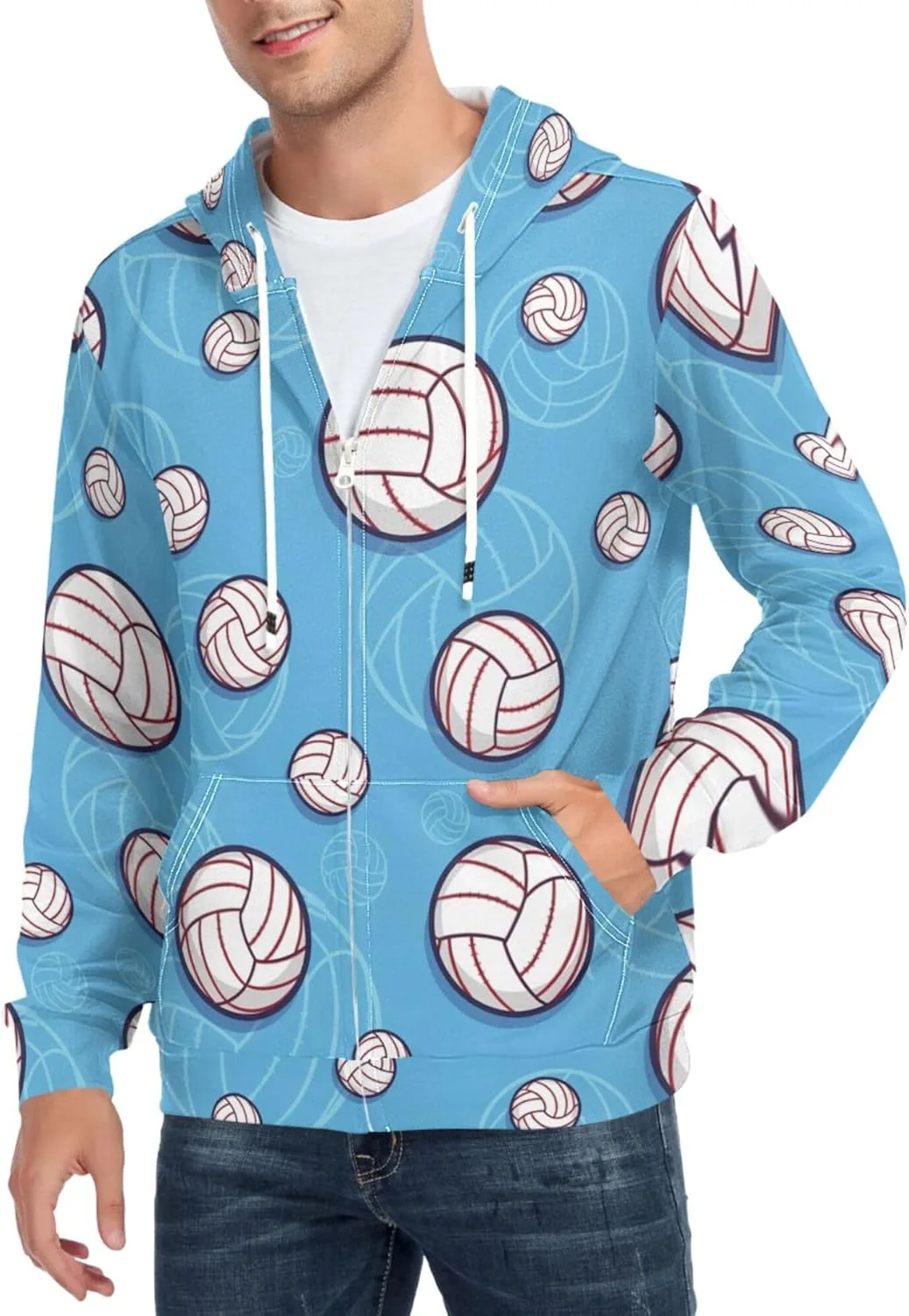 

Мужская толстовка с полной молнией и волейбольным принтом на синем фоне, длинный рукав, с карманом CUPADA