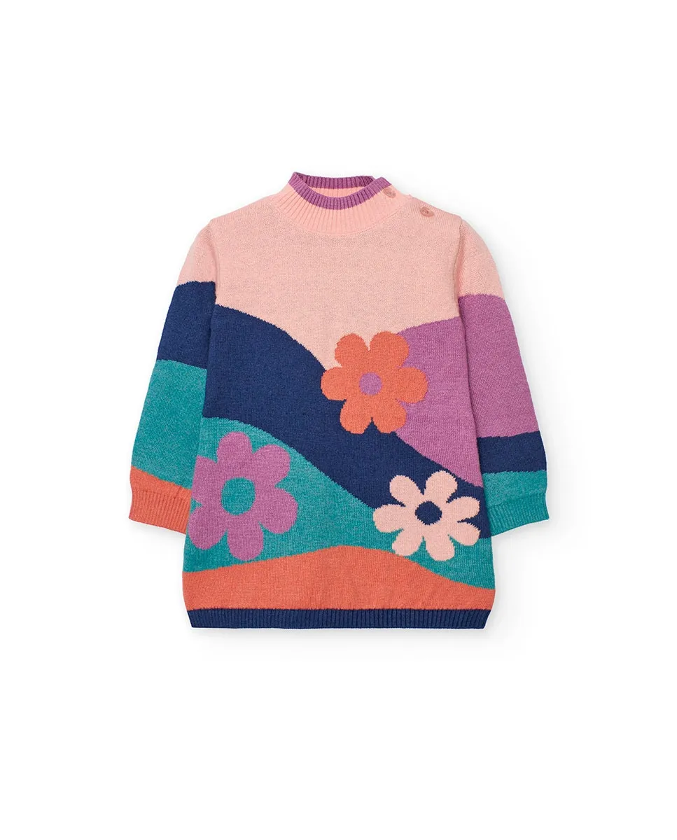 

Трикотажное детское платье с круглым вырезом и полосатым принтом Boboli, мультиколор