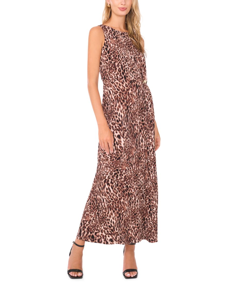 

Женское платье с круглым вырезом, анималистическим принтом и сборками Vince Camuto, Rich Taupe