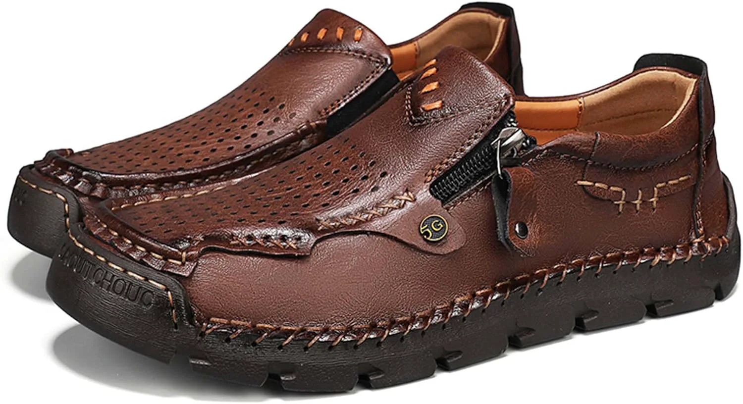 

Мужские кожаные повседневные кроссовки, молния, перфорированный верх, комфортные, мягкие, дышащие, ручная прошивка подошвы, прочные, стильные, для повседневной носки, отдыха и досуга, легкая физическая активность Vtiao, коричневый