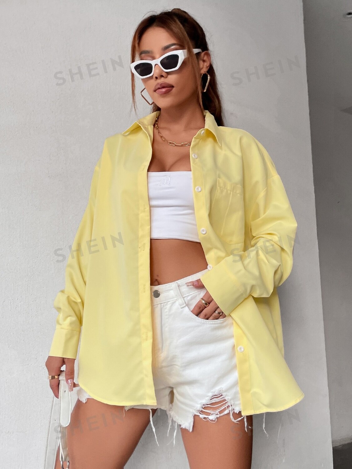 

Блузка EZwear с воротником, передними карманами, оверсайз Shein, желтый