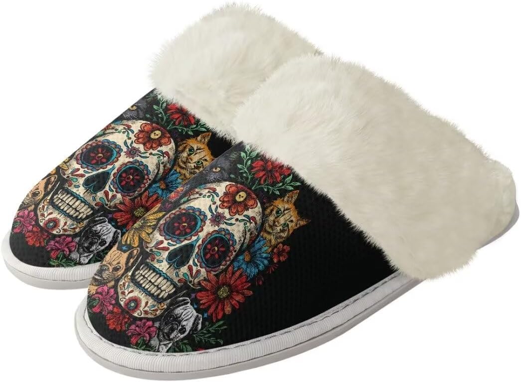 

Женские пушистые тапочки xixirimido с искусственным мехом, мужские противоскользящие домашние тапочки для дома и улицы, Skull