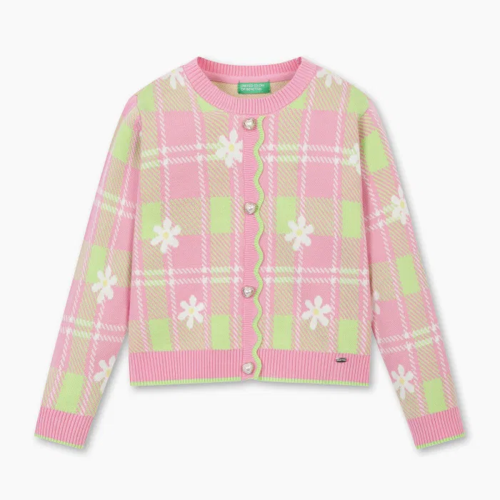 Детский жаккардовый пуловер Flower Check, розовый, от Benetton Kids