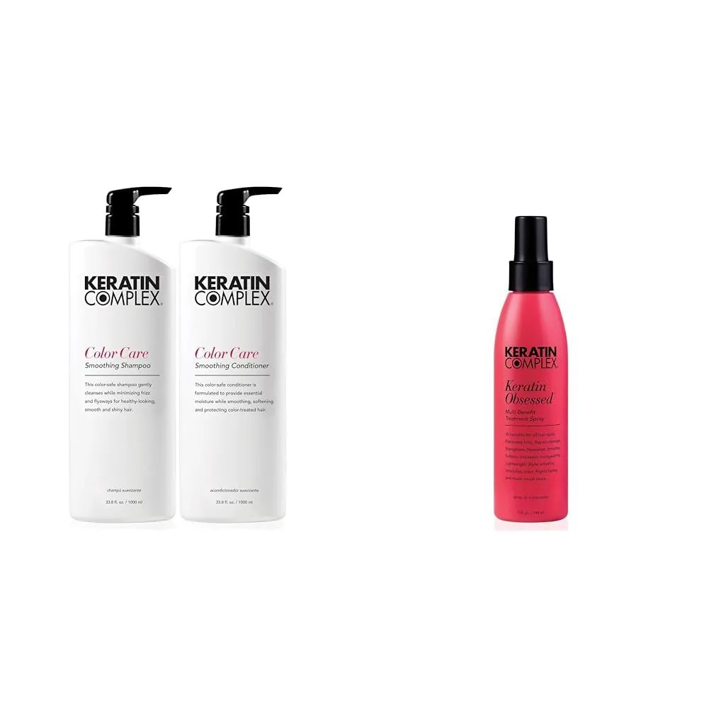 Шампунь и кондиционер Keratin Complex для разглаживания окрашенных волос (33,8 жидких унций каждый) и многофункциональный лечебный спрей Keratin Obsessed (5 жидких унций).