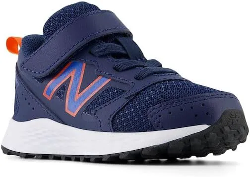 Кроссовки New Balance детские унисекс Fresh Foam 650 V1 с эластичными шнурками и верхней застежкой, темно-синий/синий/оранжевый — фото 2