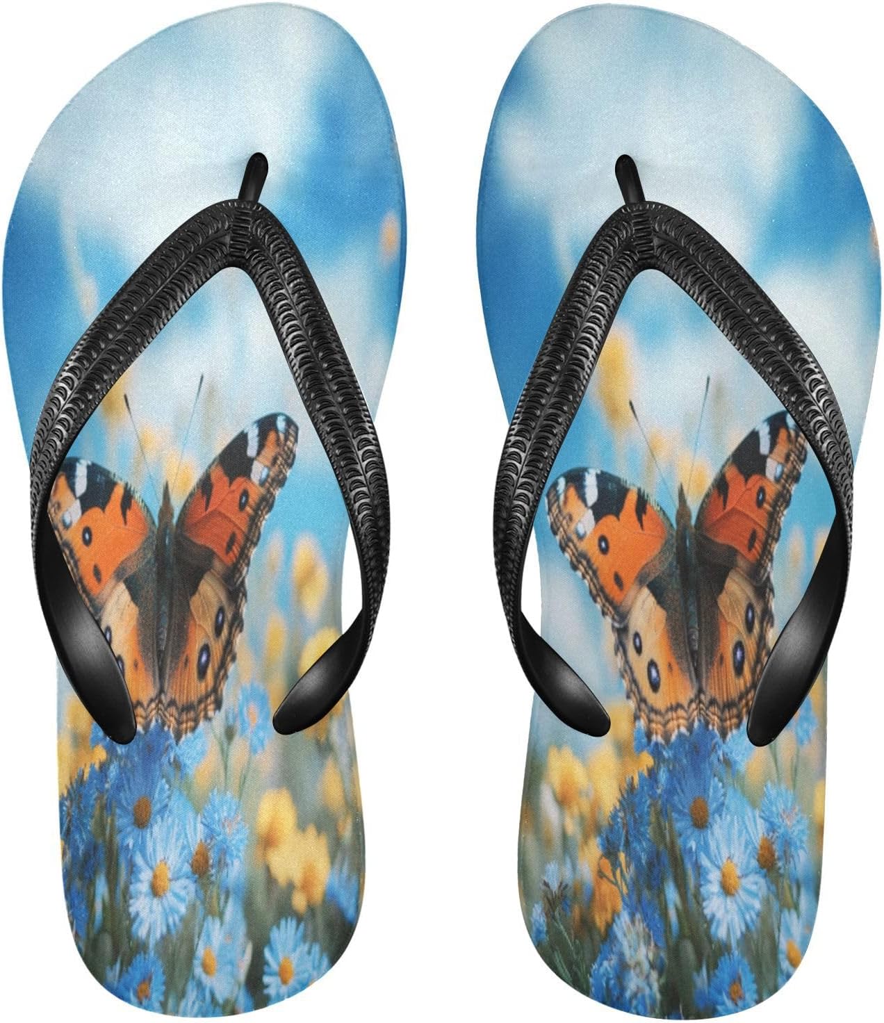 

Женские и мужские пляжные шлепанцы-бабочки с голубой ромашкой, резиновые нескользящие летние тапочки для душа и прогулки Sinestour