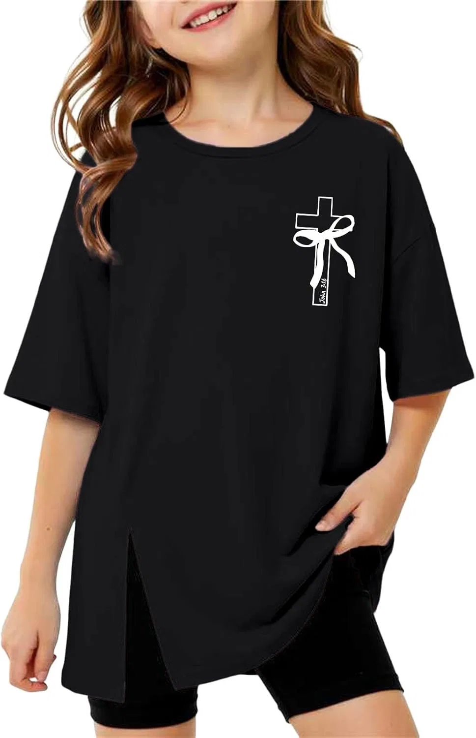 Футболка оверсайз для девочек с разрезом, Generic, Z1-black