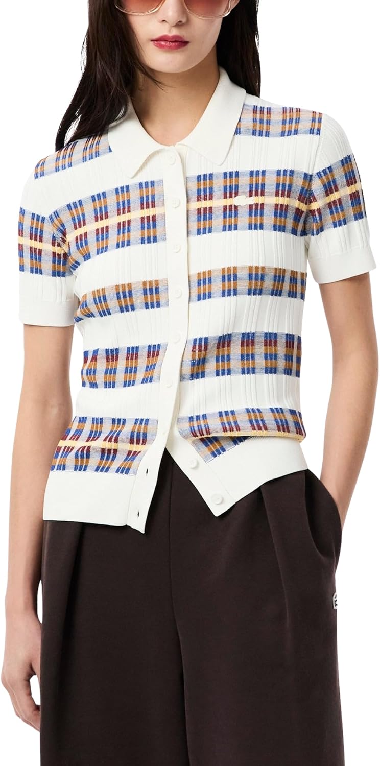 

Lacoste женский короткий рукав вязаный поло свитер с пуговицами, Flour/Sesame/Enzian-Briquette