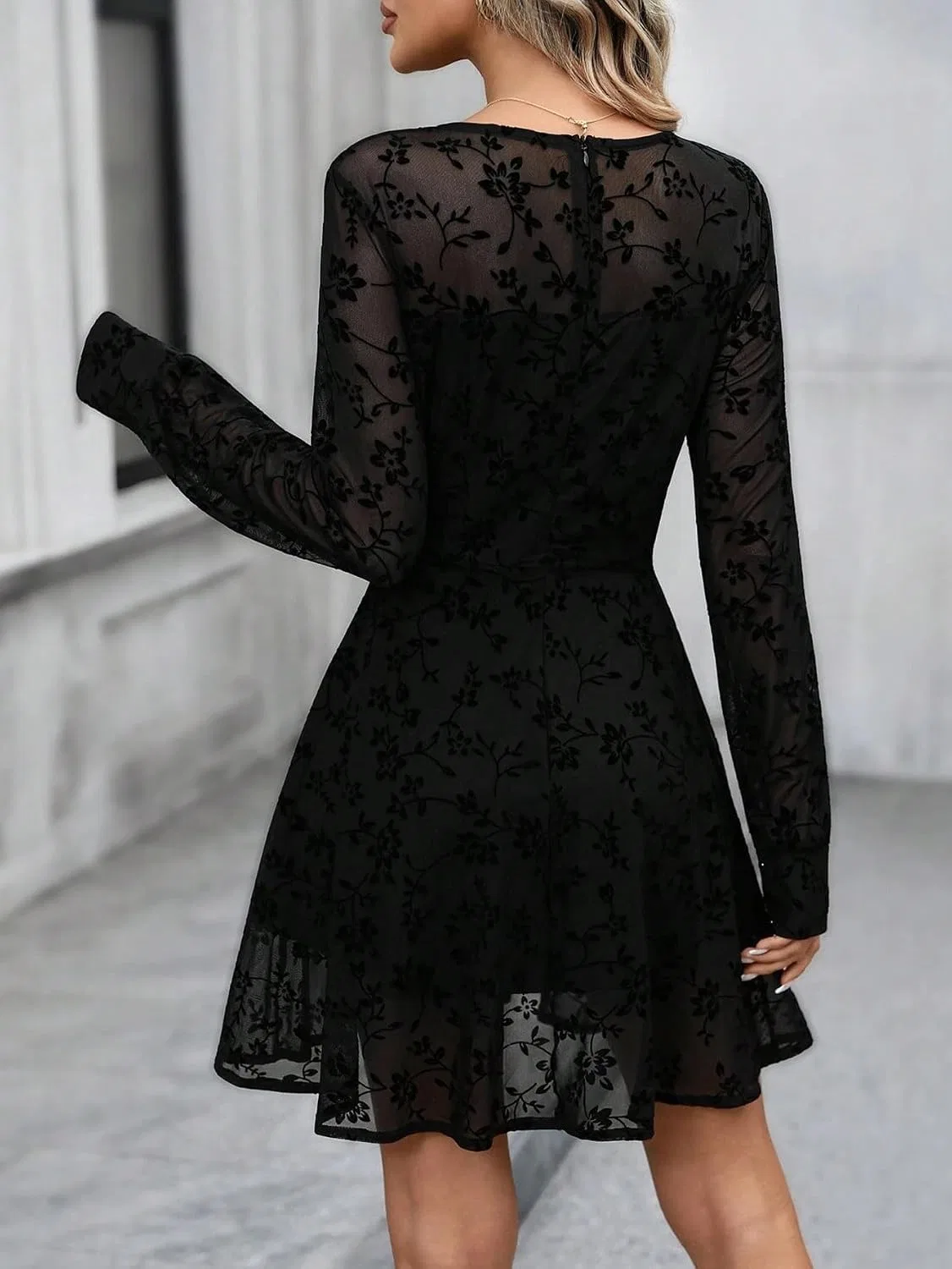 Женское элегантное платье с круглым вырезом и длинным рукавом, Black — фото 3