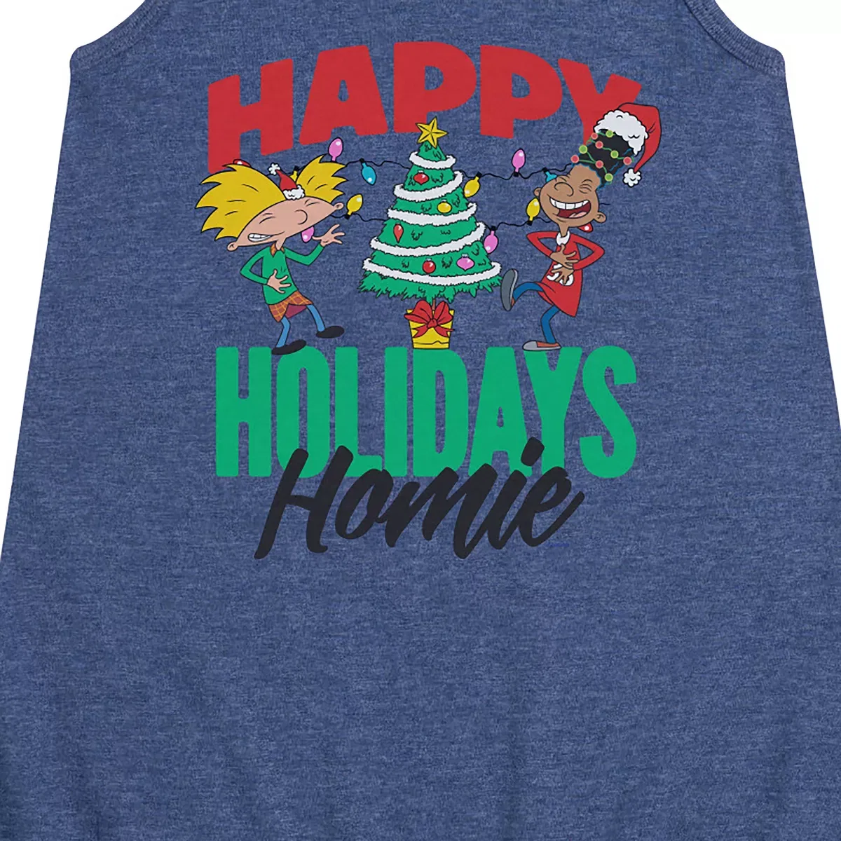 Детское платье-трапеция без рукавов для девочек с принтом Hey Arnold! Holiday Homies, Heather Navy — фото 2