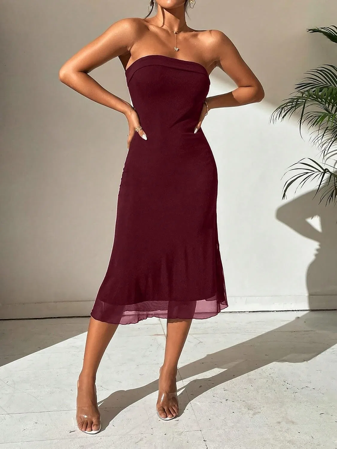 Женское миди-платье с двойным слоем сетки Tube Top, Burgundy — фото 4