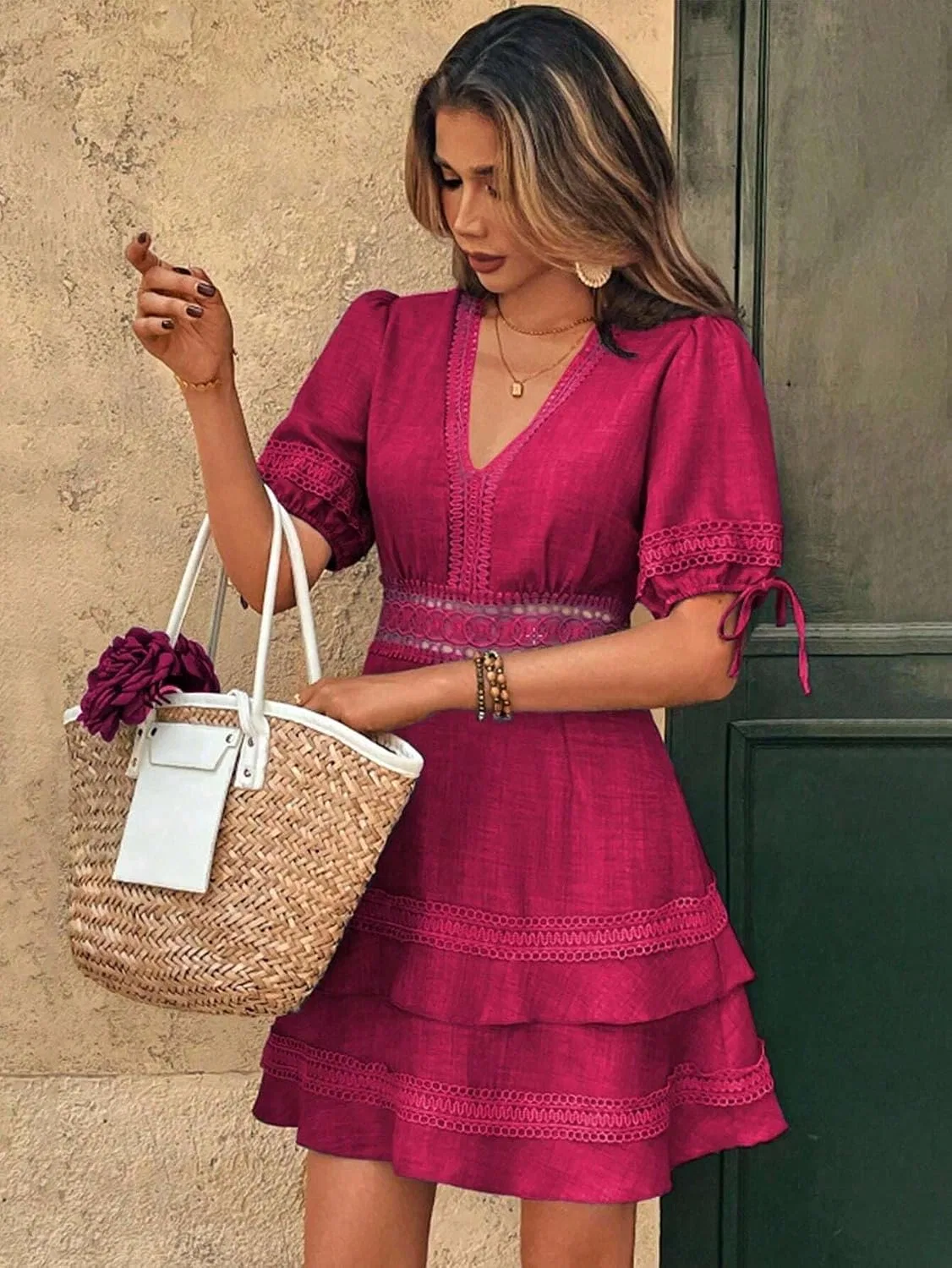 Женское повседневное платье А-силуэта с кружевом и воланами, Red Violet — фото 2