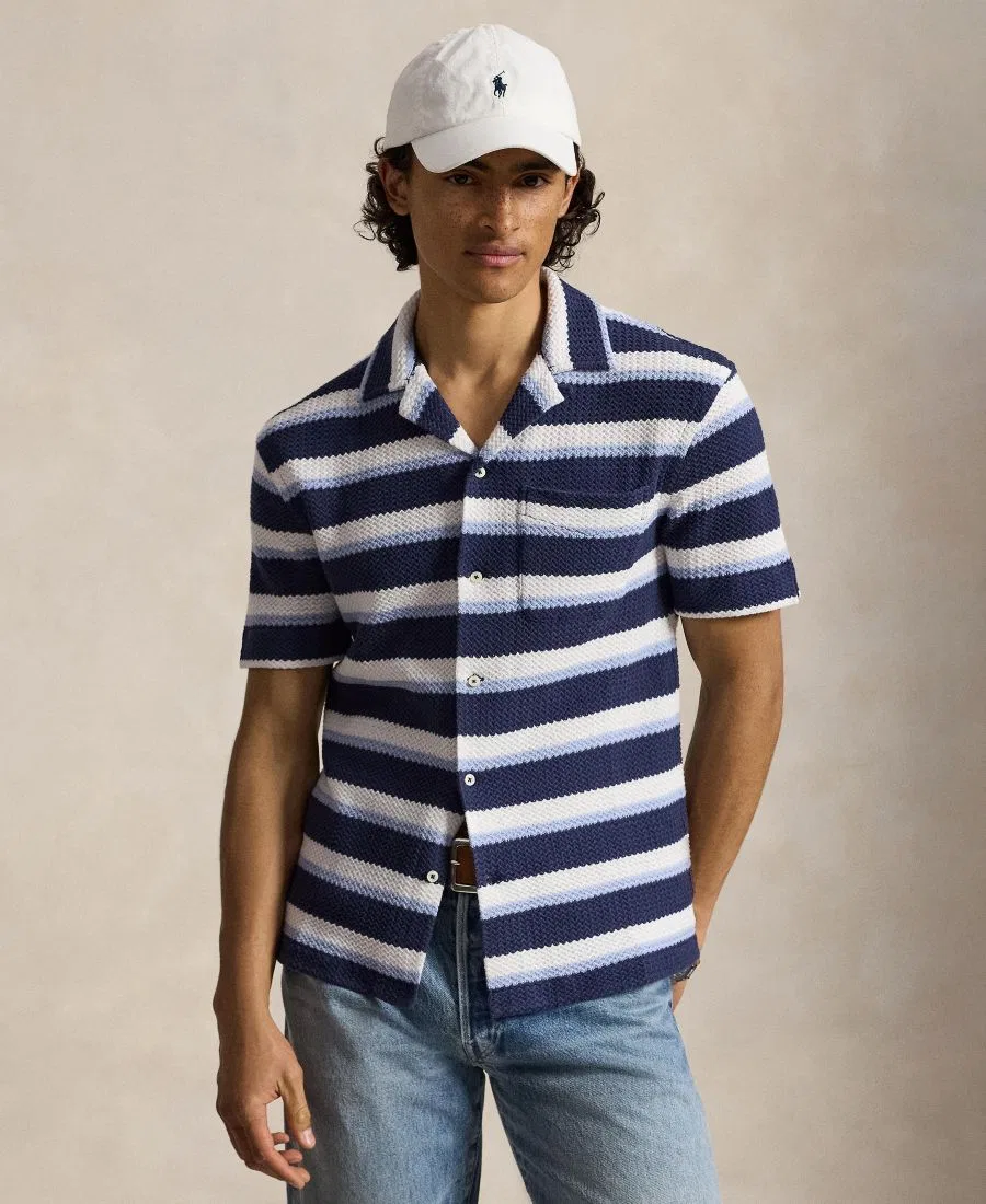 Мужская рубашка-кэмп с принтом из хлопка, модель Striped Herringbone Polo Ralph Lauren, Newport Navy Multi