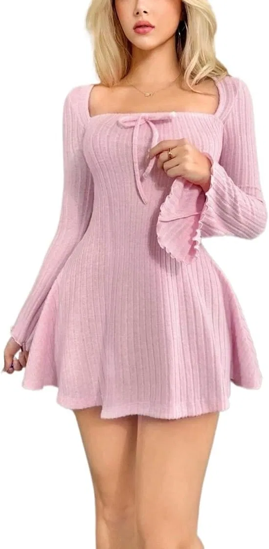 Женское A-силуэта платье с ребристой вязкой, Pink