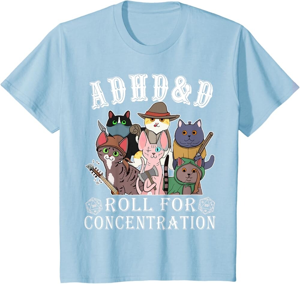 

Детская футболка Funny Tees Gamer RPG Apparel Cats RPG Gamer Roll For Concentration D20 Dice Nerdy, голубой