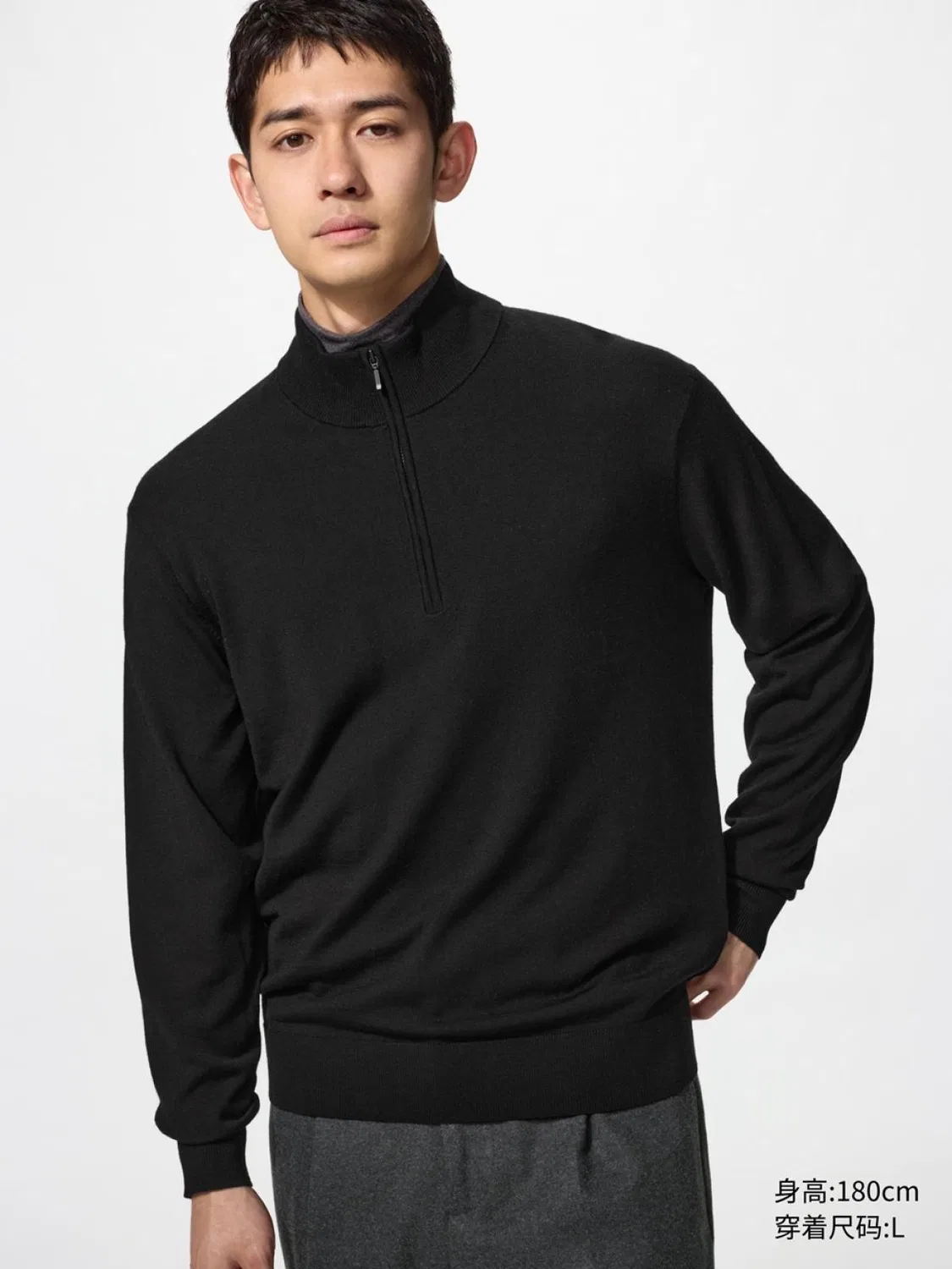 Свитер из мериносовой шерсти с длинным рукавом и полумолнией Uniqlo, черный