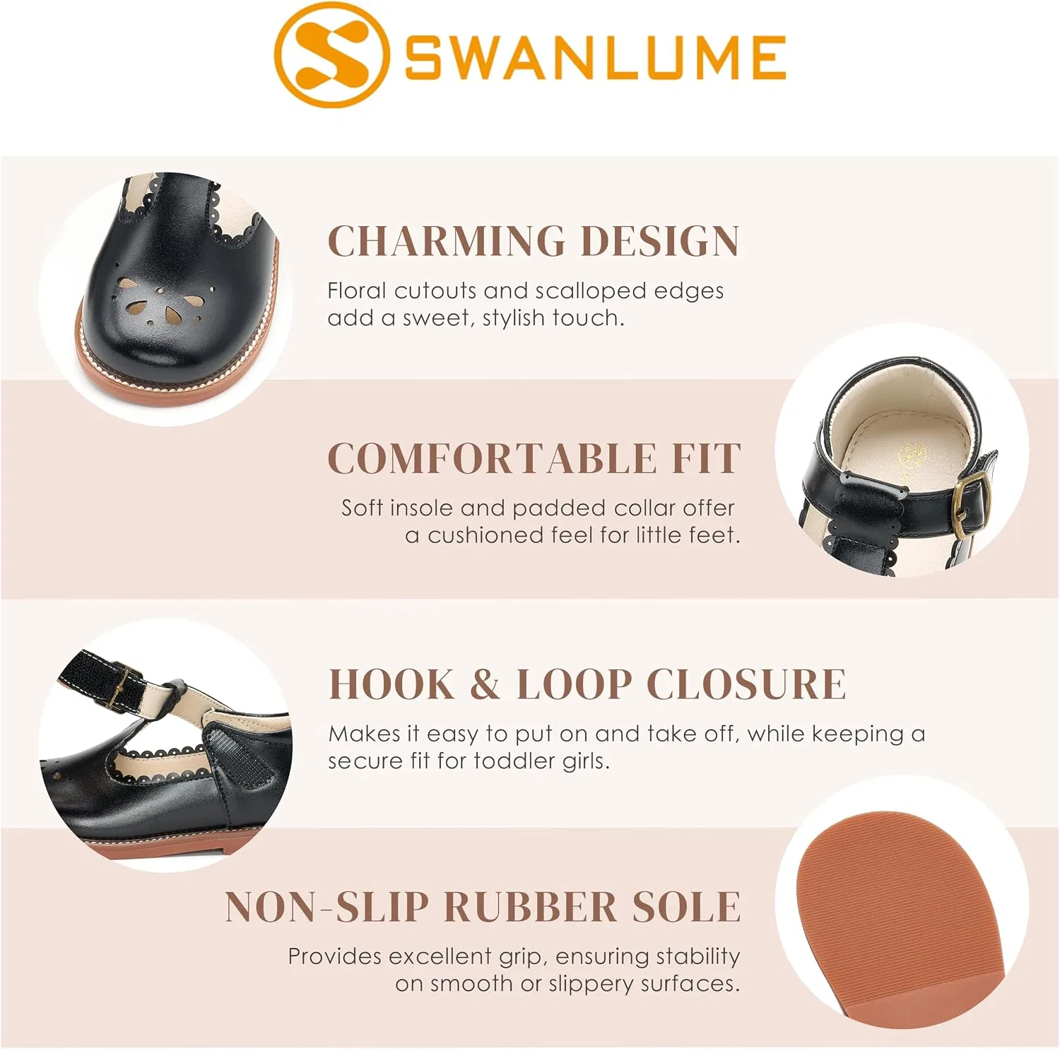 Детские туфли Мэри Джейн для девочек с принтом SWANLUME, Black — фото 4