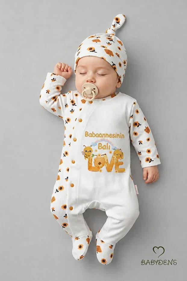 Детское боди-комбинезон для новорожденных с принтом Grandma'S honey written newborn baby romper hat set bee pattern Babyden'S, Ecru — фото 2
