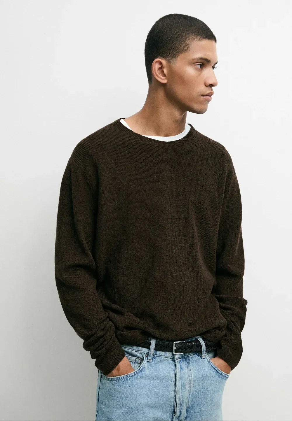 Свитер с круглым вырезом из 100% хлопка мулине Massimo Dutti, Dark Brown