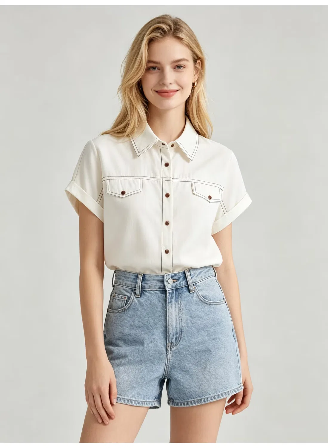 Рубашка с коротким рукавом и контрастной строчкой Zara, белый