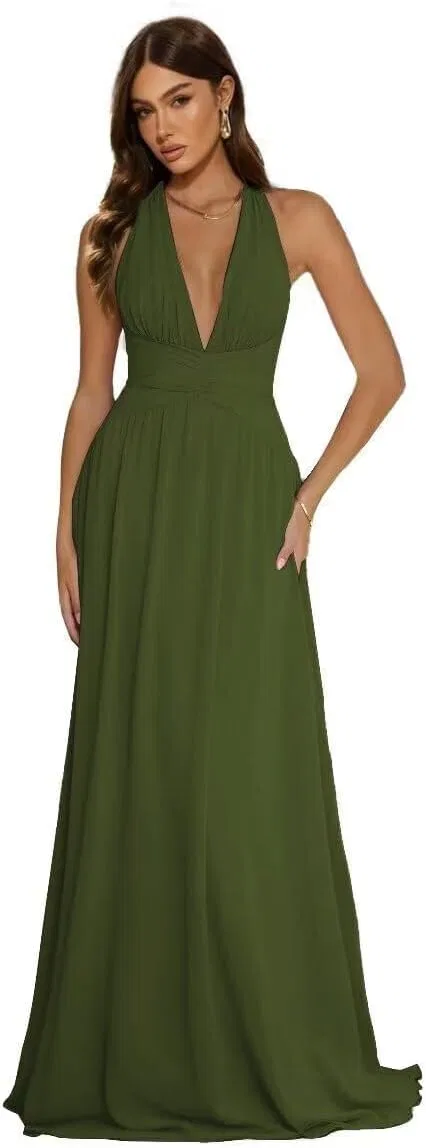 Женское вечернее платье-миди с V-образным вырезом из шифона, Olive Green