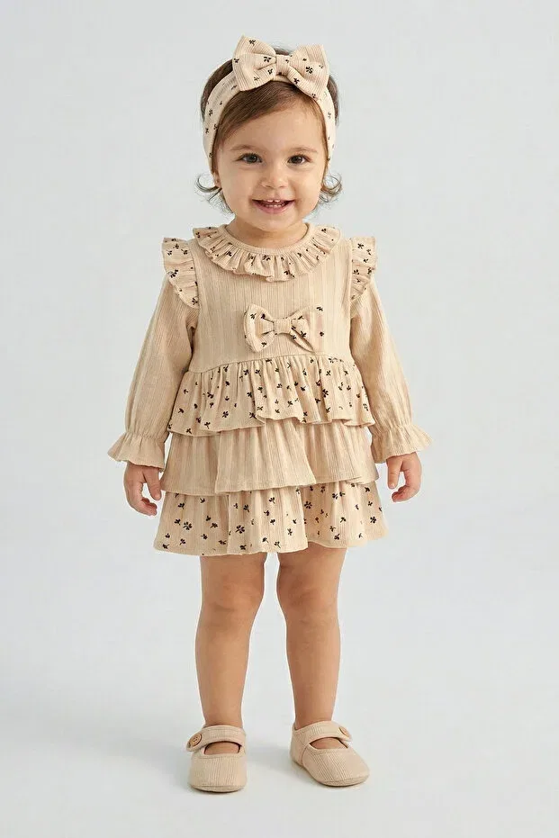 Детское платье для девочек с принтом Layered Floral Branch Patterned Bandana Mini Cotton, Beige