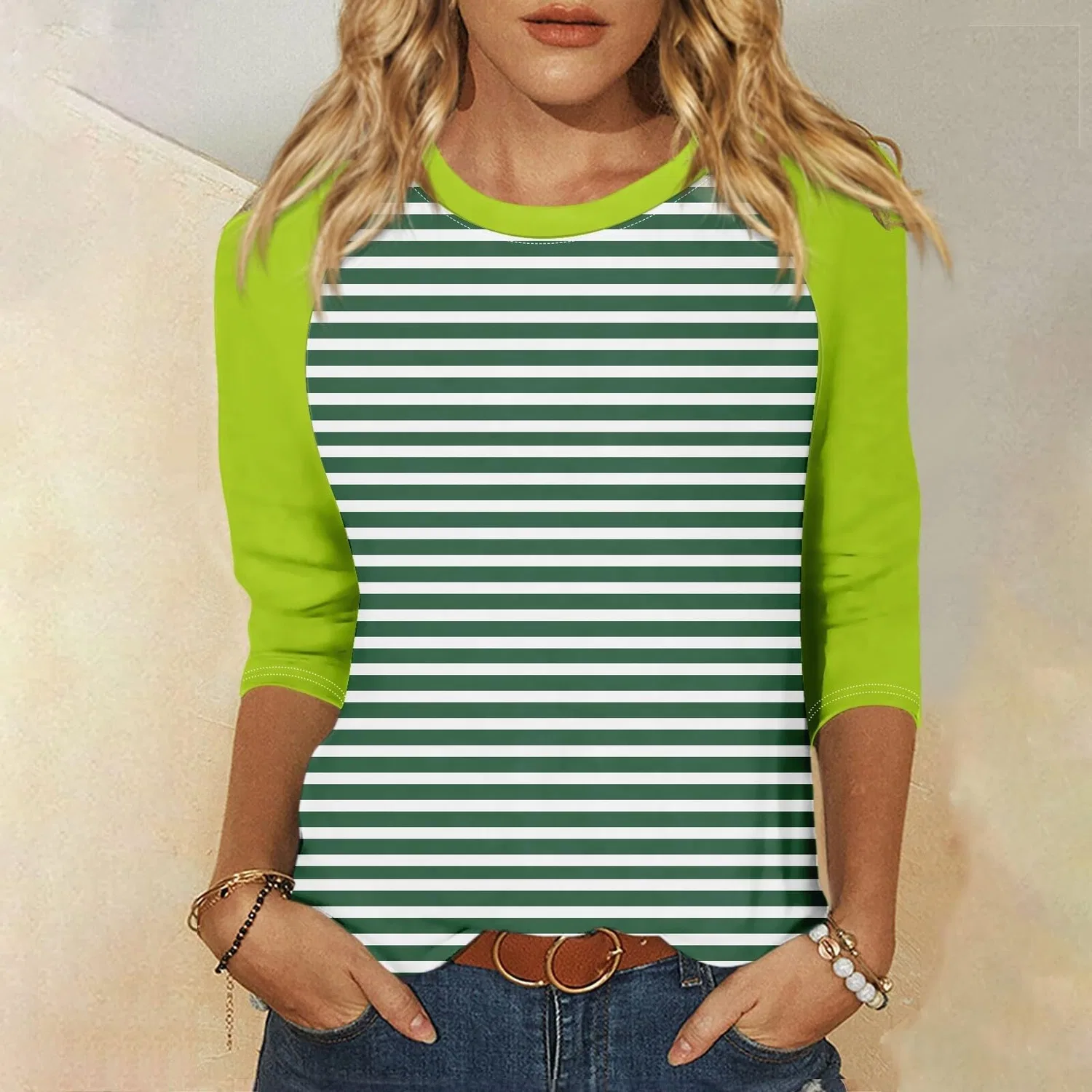 Женская блуза с цветочным принтом Floral Print Round Neck Long Sleeve Lace Top, Green-3 — фото 2