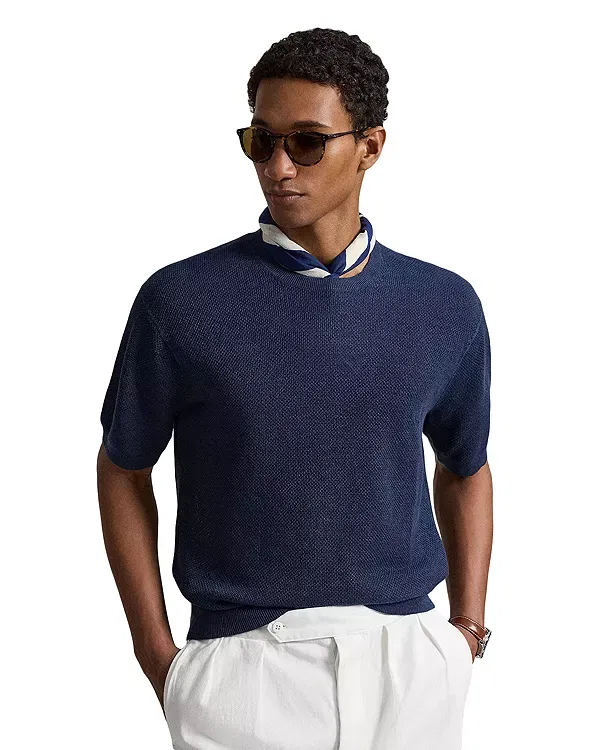 Мужской свитер из льна с воротником-поло Polo Ralph Lauren, темно-синий