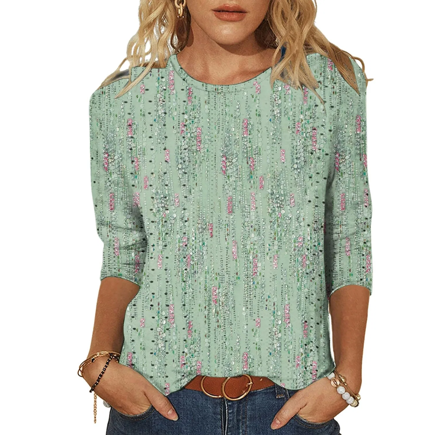 Женская футболка с принтом Plaid Shirt 3/4 Sleeves, B-green — фото 2