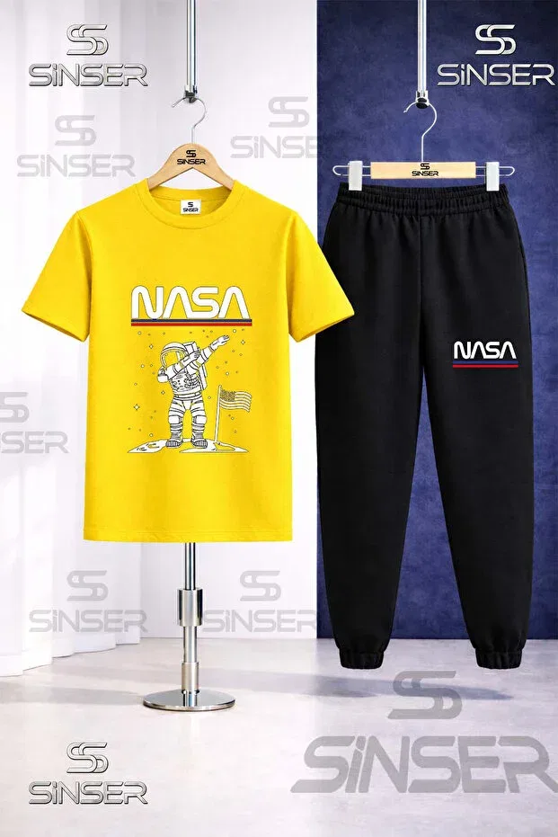 Детский комплект футболки и спортивных штанов для мальчиков с принтом Children'S astronaut beyz ust nasa text printed Ss Sinser, Yellow - Black