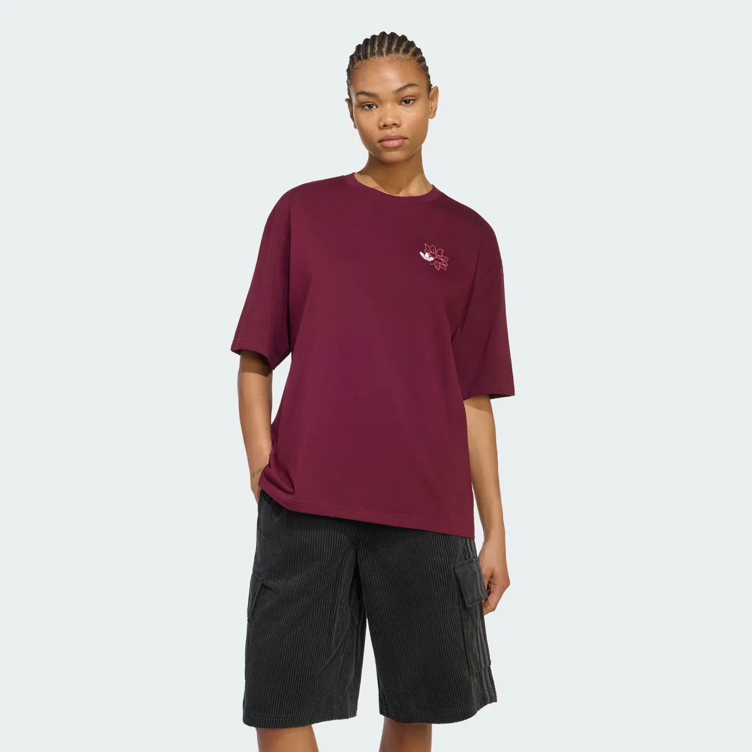 Женская футболка оверсайз с цветочным принтом FLORAL GFX TEE Adidas Originals, темно-бордовый