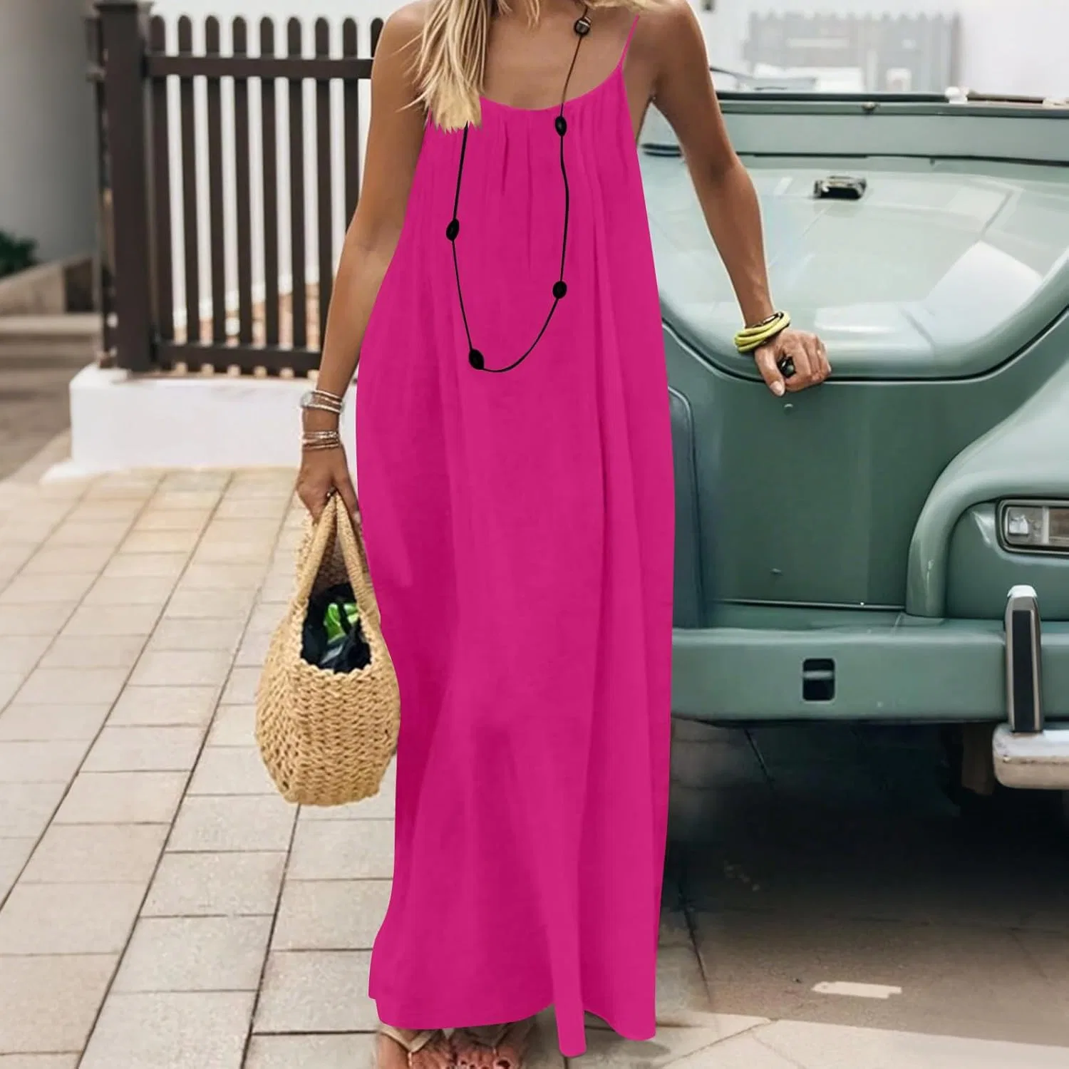 Женское летнее сарафан-макси на тонких бретелях, Hot Pink — фото 3