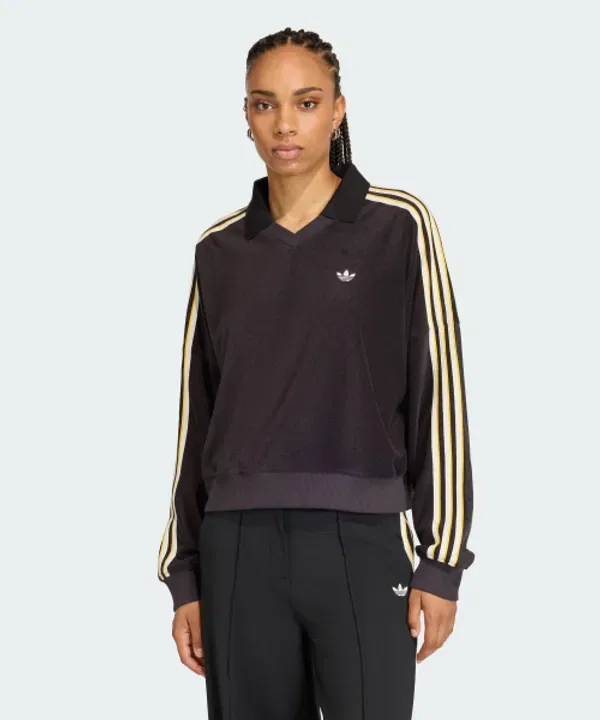 Футболка поло оверсайз, махровая, V-образный вырез, Adidas, черный