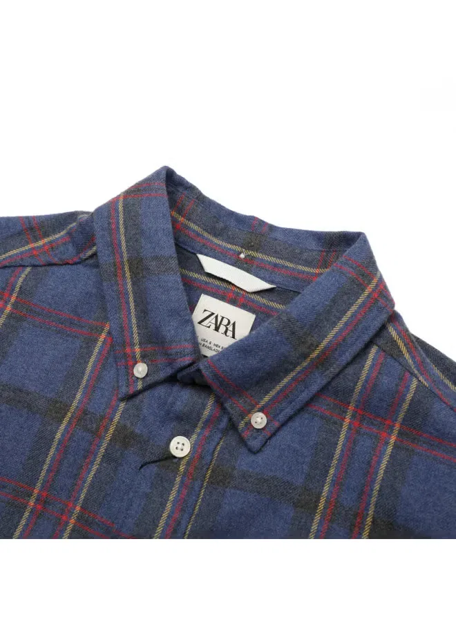 Рубашка с длинным рукавом в клетку из хлопка Zara, серо-синий — фото 4