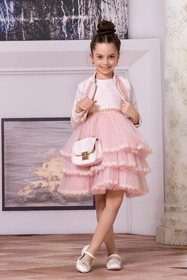 Детское вечернее платье для девочек с длинным рукавом Süslü Pink Kids, Pink — фото 3