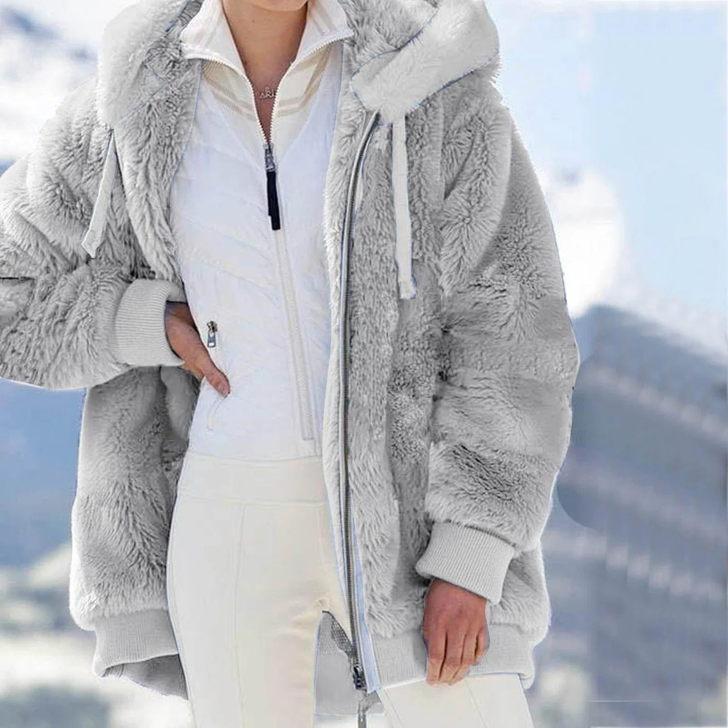 Женская куртка из флиса с капюшоном, утепленная, свободного кроя, Grey — фото 4