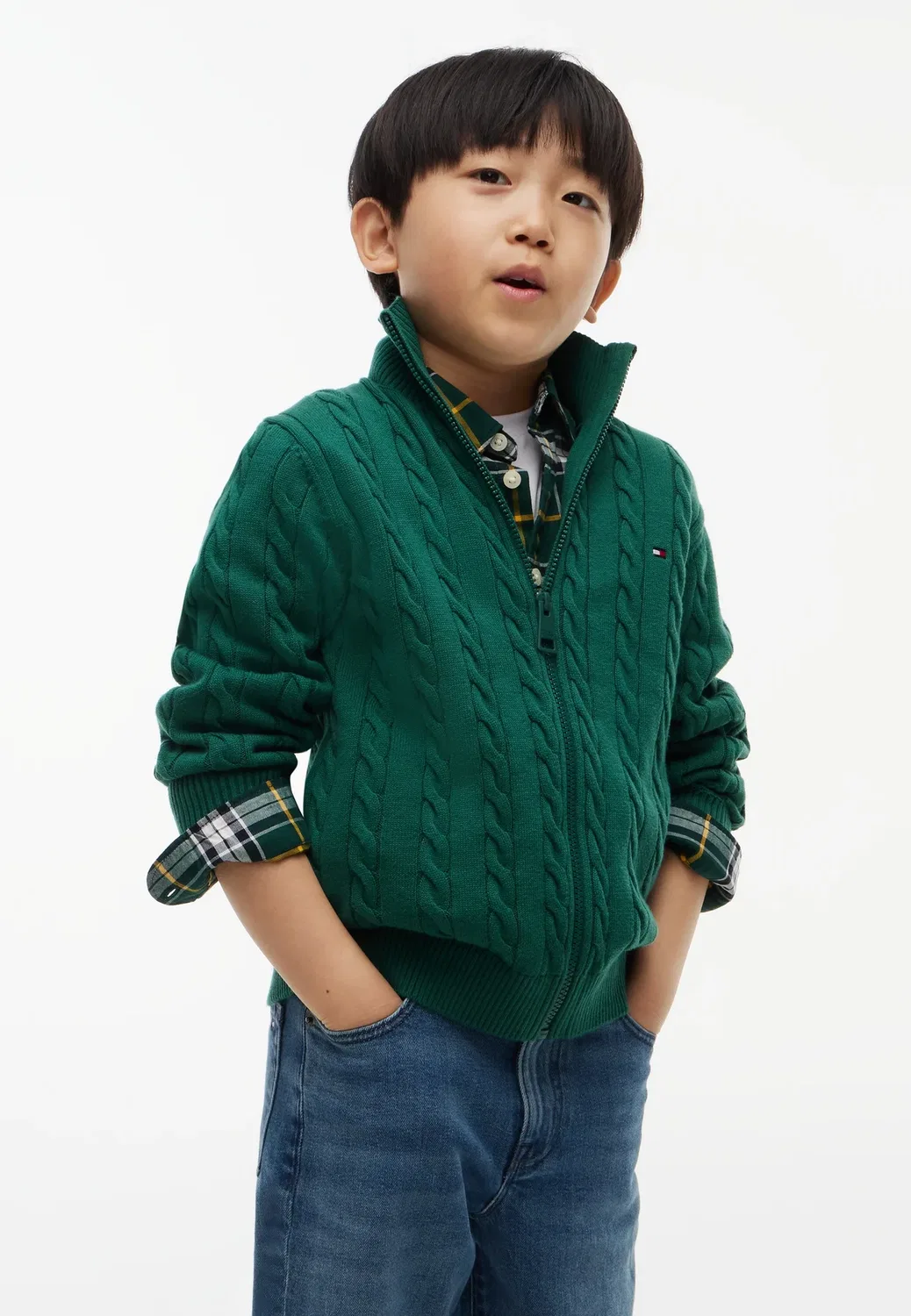 Хлопковый кардиган с косами и застежкой-молнией по всей длине Tommy Hilfiger, Rural Green