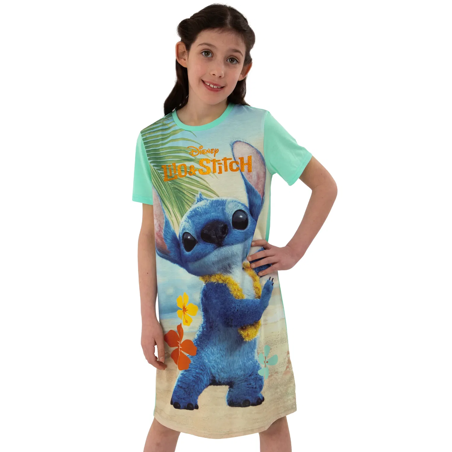 Ночная рубашка девичья с принтом Stitch Disney, зеленый — фото 2