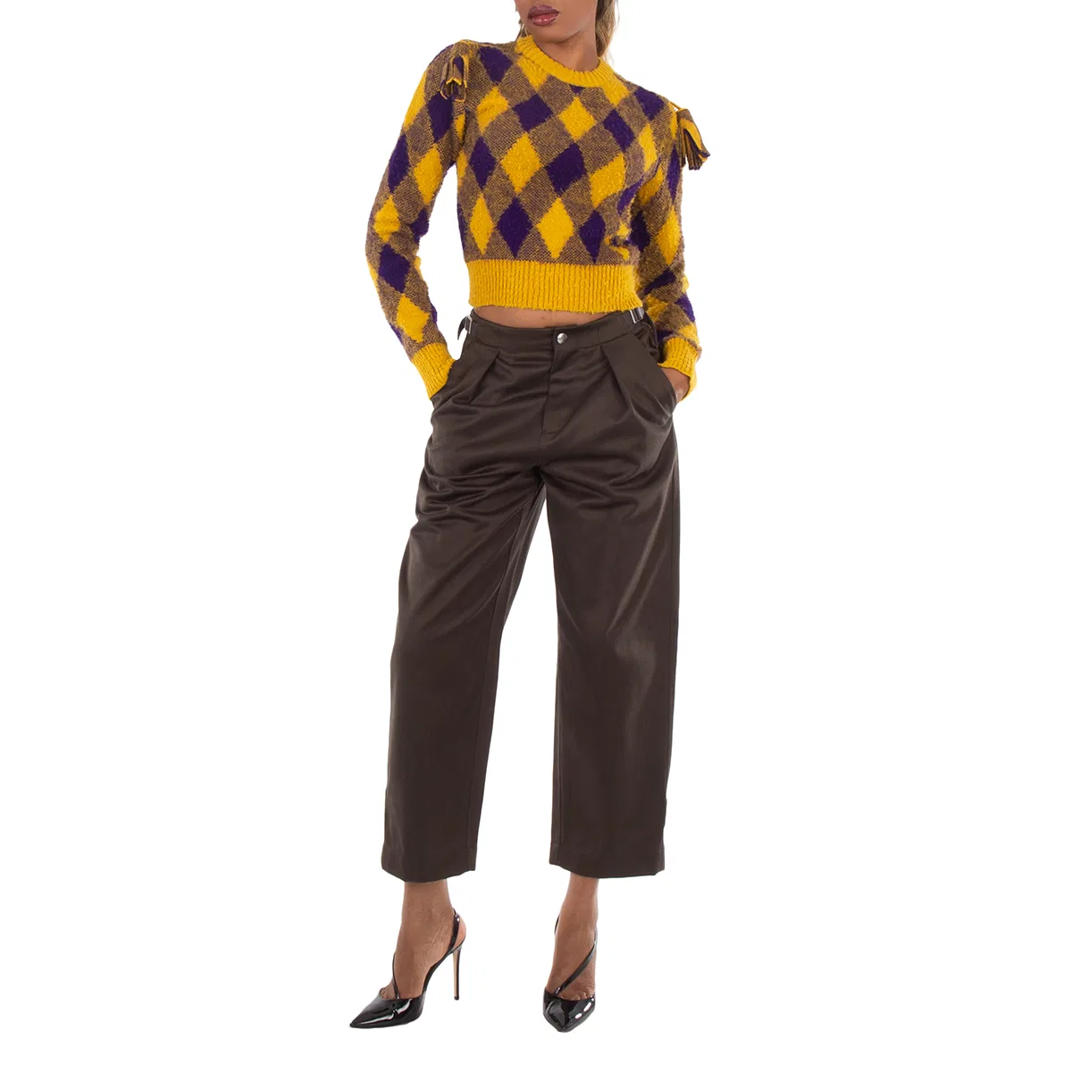 Брюки с высокой посадкой и укороченной широкой штаниной High-Waist Cropped Cotton Trousers Burberry, Otter — фото 4