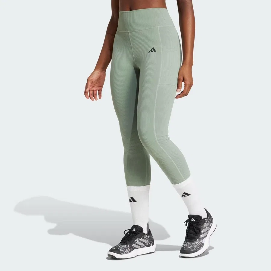 Леггинсы с длиной 7/8 с высокой посадкой и карманом adidas Optime Rib 7/8, Черно-зеленый