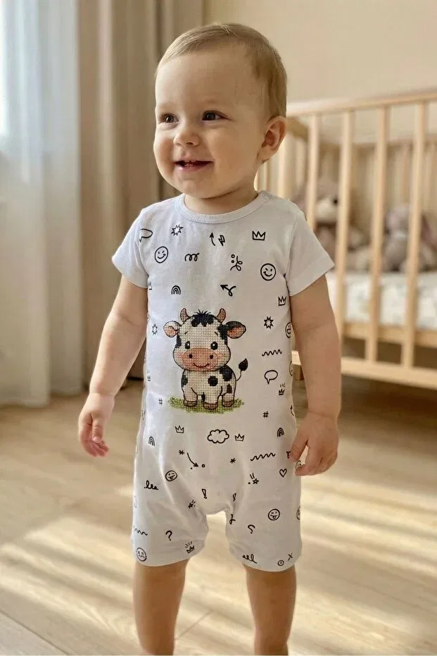 Детский комбинезон для малышей с принтом Unisex cow printed short sleeve baby romper cotton Lucevera, White
