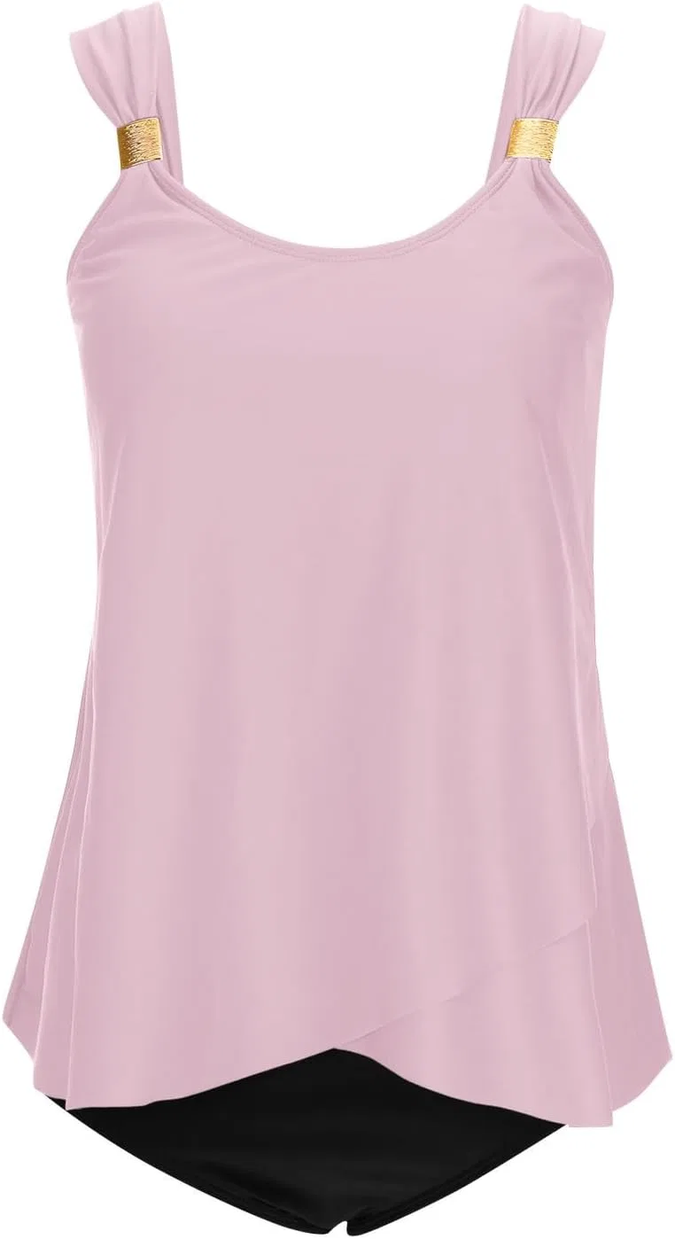 Женский танкини с рюшами и высокой талией Plus Size, Pink — фото 4