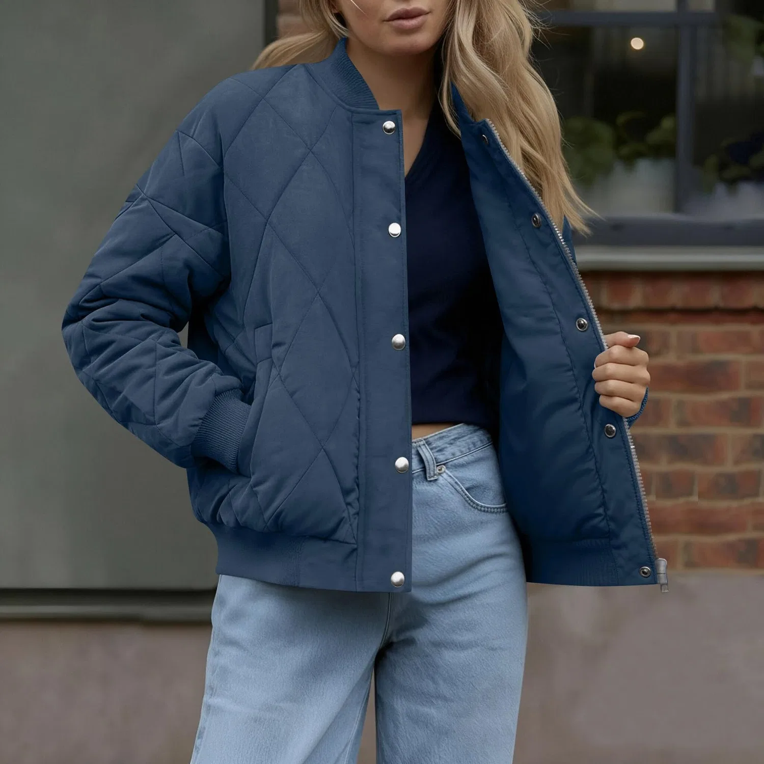 Женская куртка-бомбер легкая с длинным рукавом, Blu navy 1 — фото 2