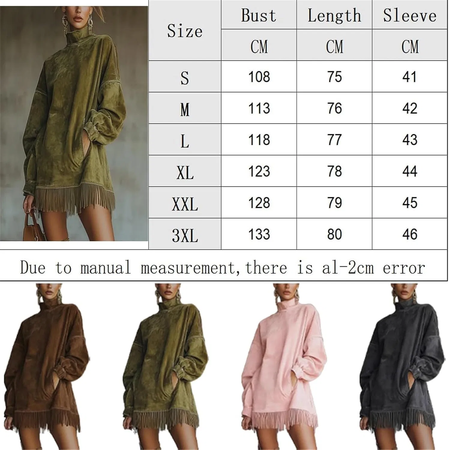 Женское платье из искусственной замши с бахромой, Vintage High-Neck Long Sleeve Loose Fit Short Pockets Holiday Party, чёрный — фото 4